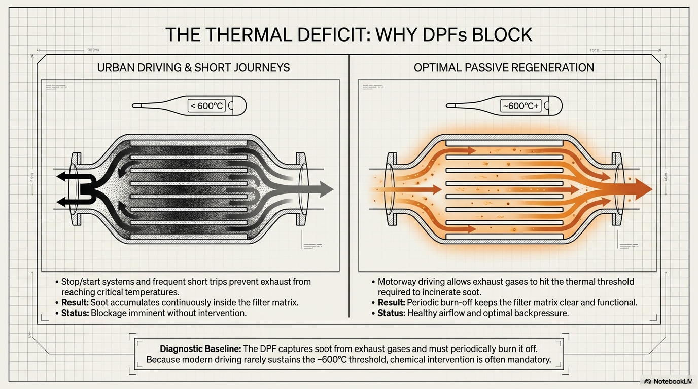The thermal deficit - showing common diagnostic checks when DPF regeneration fails, including driving pattern, sensor readings, EGR condition, injector condition, oil specification and fuel level