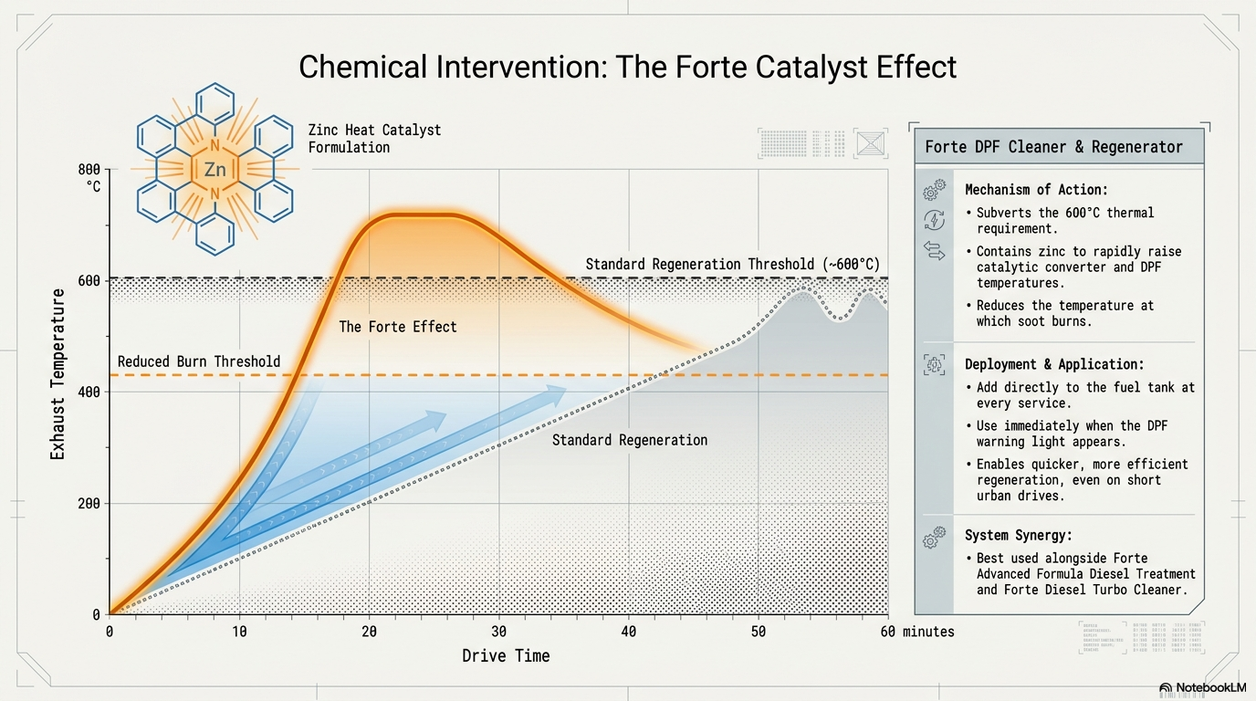 Chemical intervention the Forte catalyst effect - showing how Forte DPF Cleaner & Regenerator can support soot burn-off during DPF regeneration when soot loading is the issue