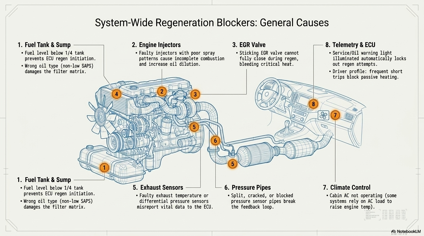 System wide regeneration — diagram showing the DPF regeneration process, how soot accumulates in the diesel particulate filter and how high exhaust temperatures are required to burn it off