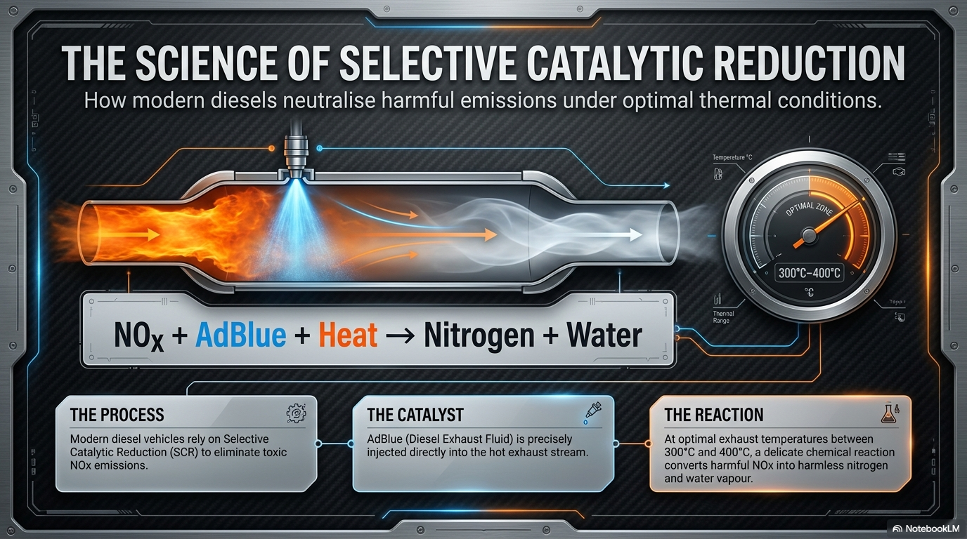The science of selective catalytic reduction â€” showing how the SCR system works, how AdBlue is injected into the exhaust stream, and how the chemical reaction converts harmful NOx emissions into harmless nitrogen and water