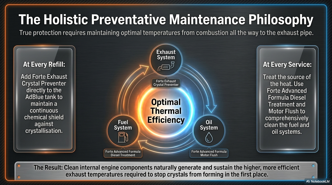 The holistic preventative maintenance philosophy â€” showing how Forte Exhaust Crystal Preventer works as part of a complete diesel maintenance approach alongside Forte Advanced Formula Diesel Treatment and Forte Advanced Formula Motor Flush to maintain exhaust temperatures and prevent AdBlue crystal formation