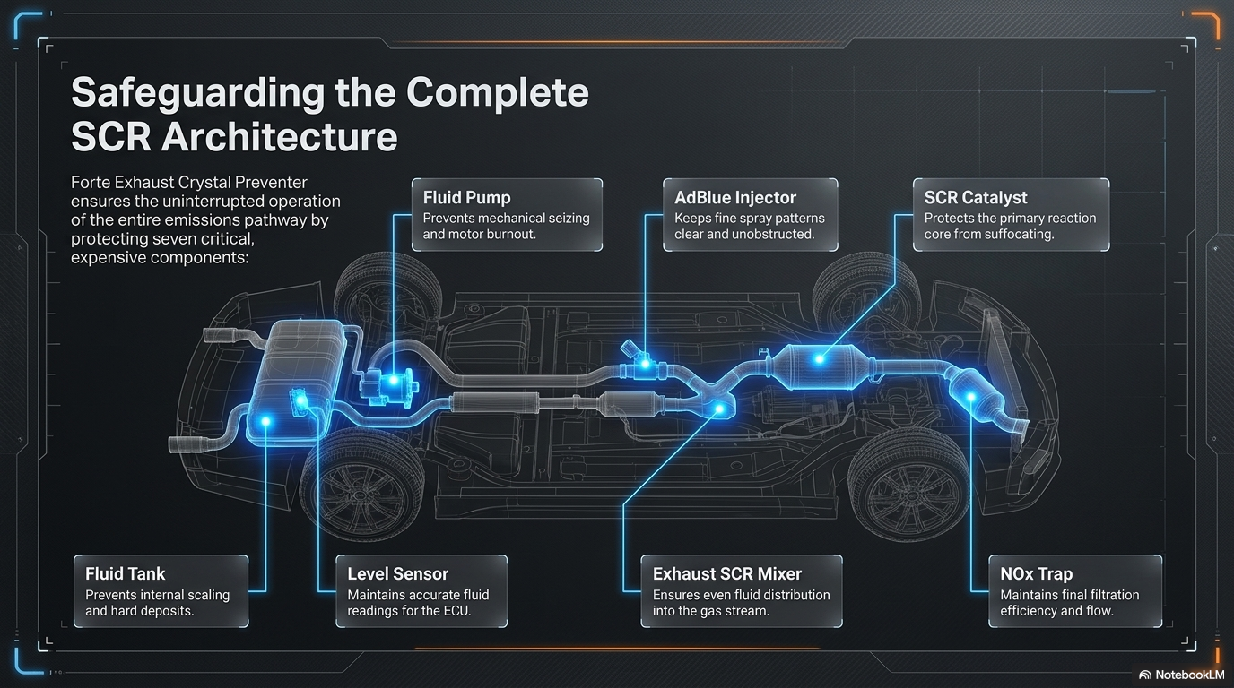 Safeguarding the complete SCR architecture â€” showing all seven SCR system components at risk from AdBlue crystal formation: fluid tank, level sensor, fluid pump, AdBlue injector, exhaust SCR mixer, SCR catalyst and NOx trap