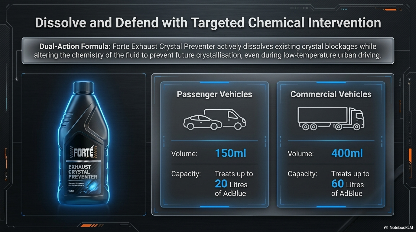 Dissolve and defend with targeted chemical intervention â€” showing how Forte Exhaust Crystal Preventer dissolves existing AdBlue crystals and prevents new ones forming throughout the SCR system