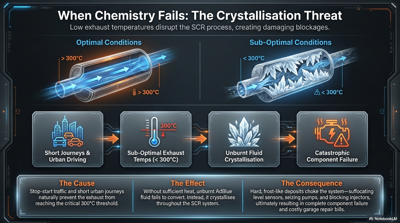 When chemistry fails â€” the crystallisation threat. Showing how AdBlue crystallises when exhaust temperatures are low, caused by short journeys urban driving and incomplete combustion, forming blockages throughout the SCR system components