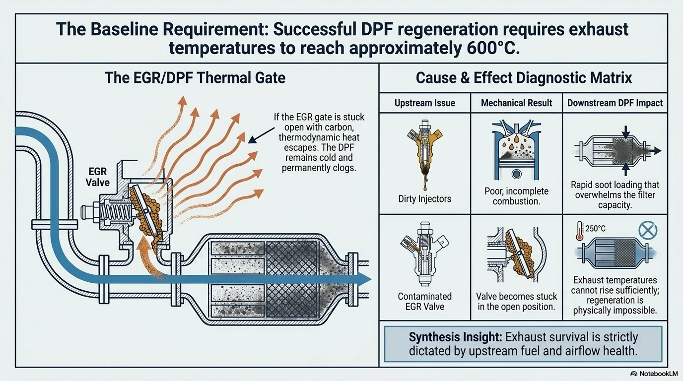 The baseline requirement for successful DPF regeneration — showing how clean injectors and a clean EGR valve are both essential prerequisites for DPF regeneration to complete successfully, and how Forte Advanced Formula Diesel Treatment maintains both