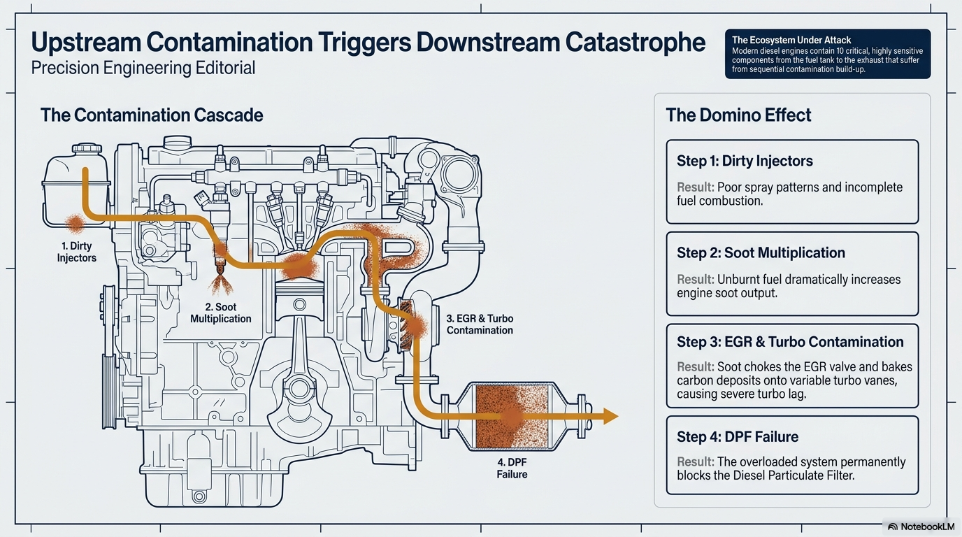 Upstream contamination triggers downstream catastrophe — showing how dirty diesel injectors cause a chain reaction of problems including increased soot production, DPF loading, EGR contamination and failed DPF regeneration