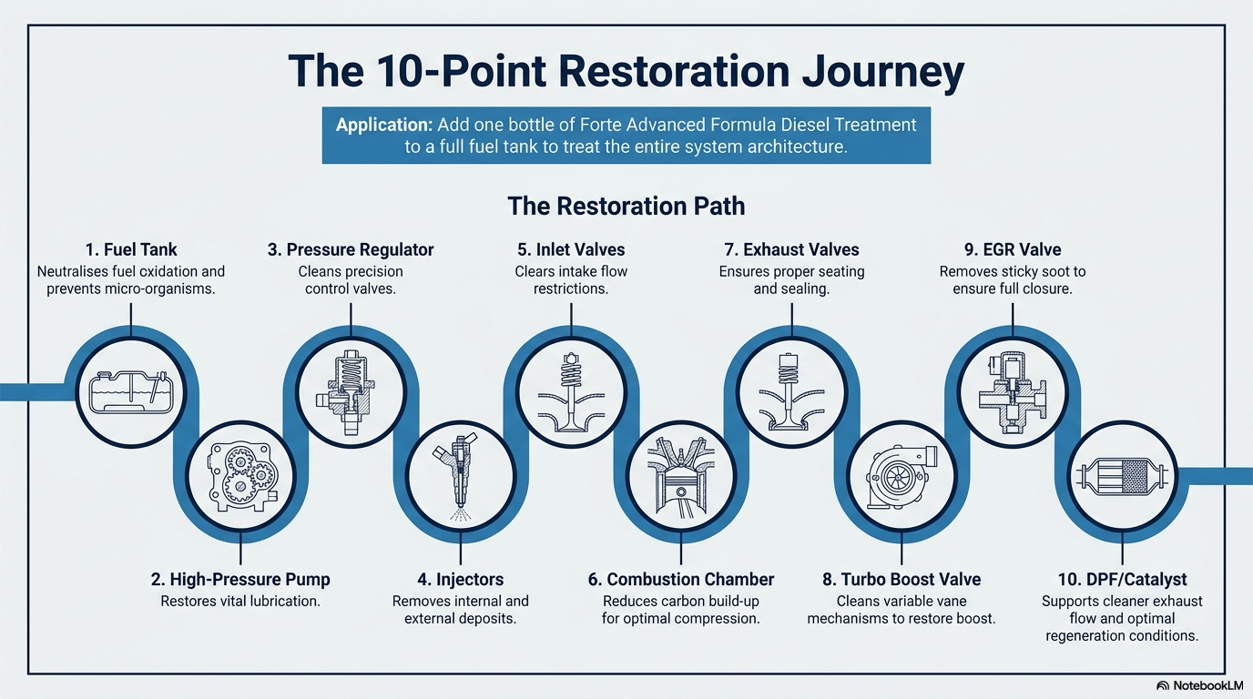 The 10-point restoration journey — showing how Forte Advanced Formula Diesel Treatment travels through all 10 diesel system components from fuel tank through high pressure pump, pressure regulator, injectors, inlet valves, combustion chamber, exhaust valves, turbo boost valve, EGR valve and DPF catalyst