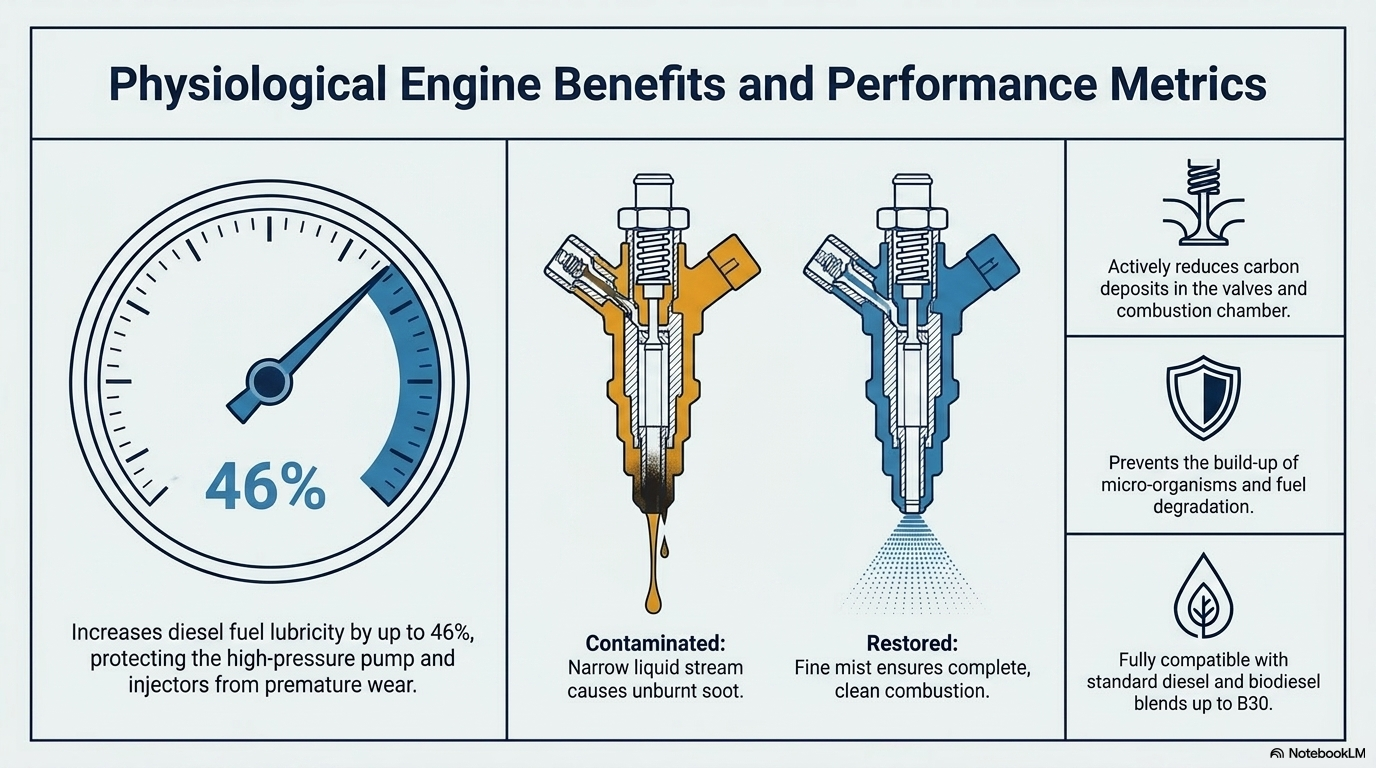 Physiological engine benefits and performance metrics — showing the measurable performance improvements from Forte Advanced Formula Diesel Treatment including restored injector spray patterns, improved combustion efficiency, reduced black smoke and lower DPF loading