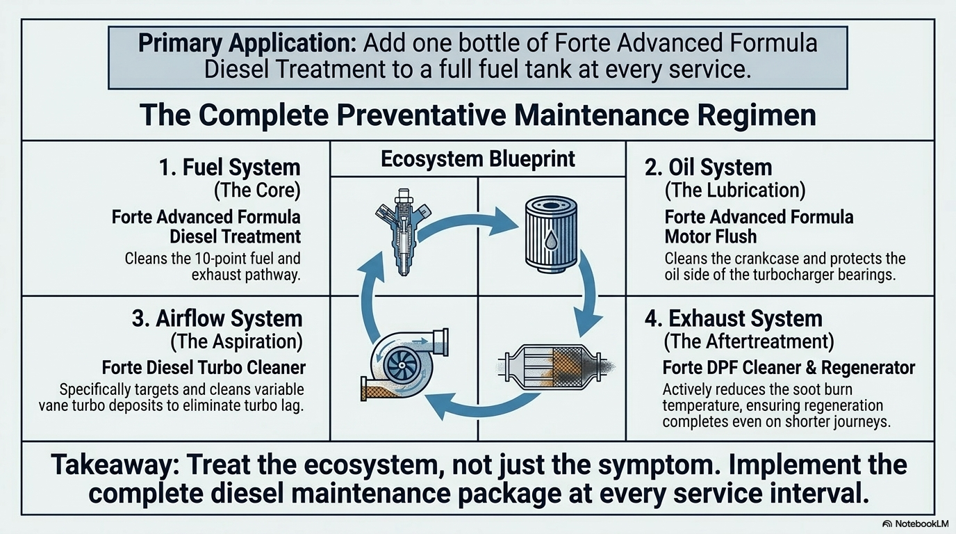 Primary application — add one bottle of Forte Advanced Formula Diesel Treatment to a full fuel tank at every service for complete diesel system maintenance