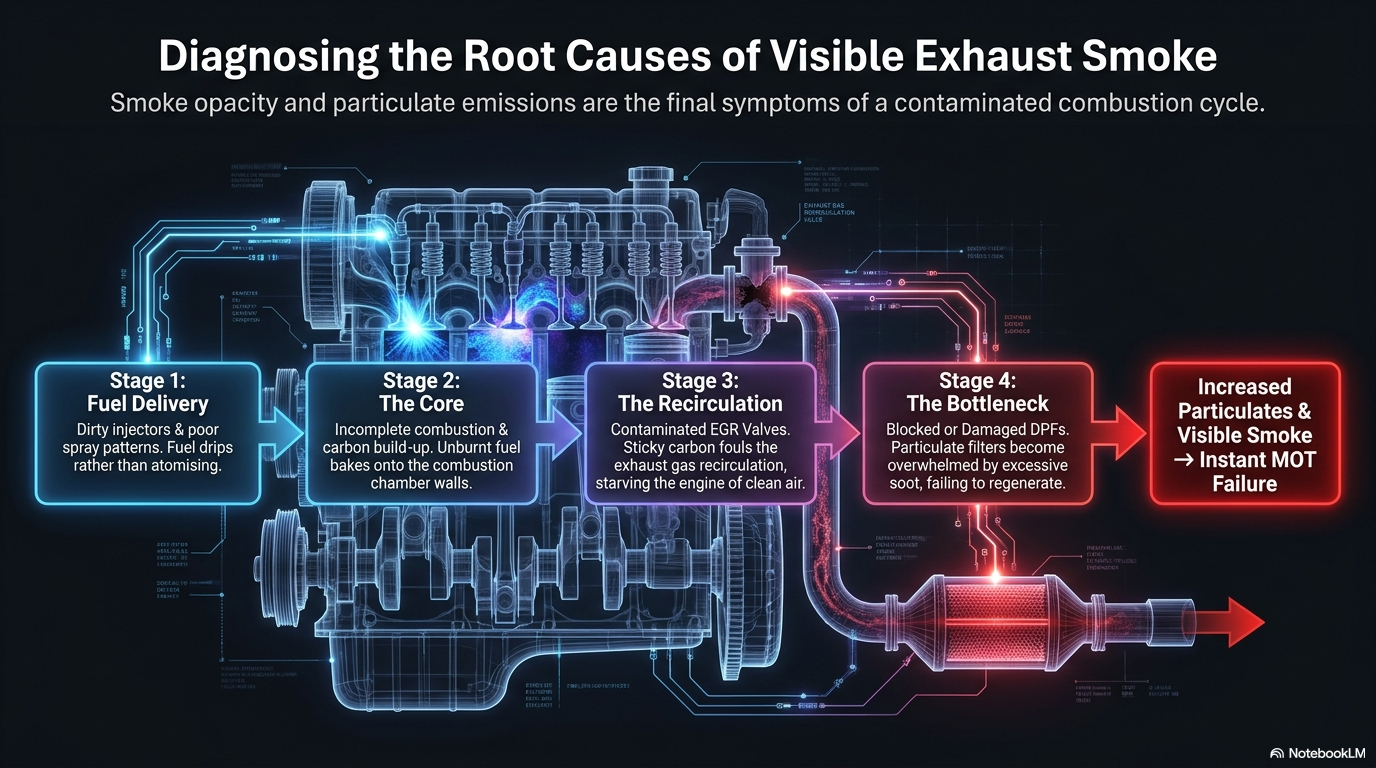 Diagnosing the root causes of visible exhaust smoke — showing the main causes of diesel emissions MOT failure including dirty injectors, combustion chamber deposits, contaminated EGR valve, damaged DPF and incorrect oil type