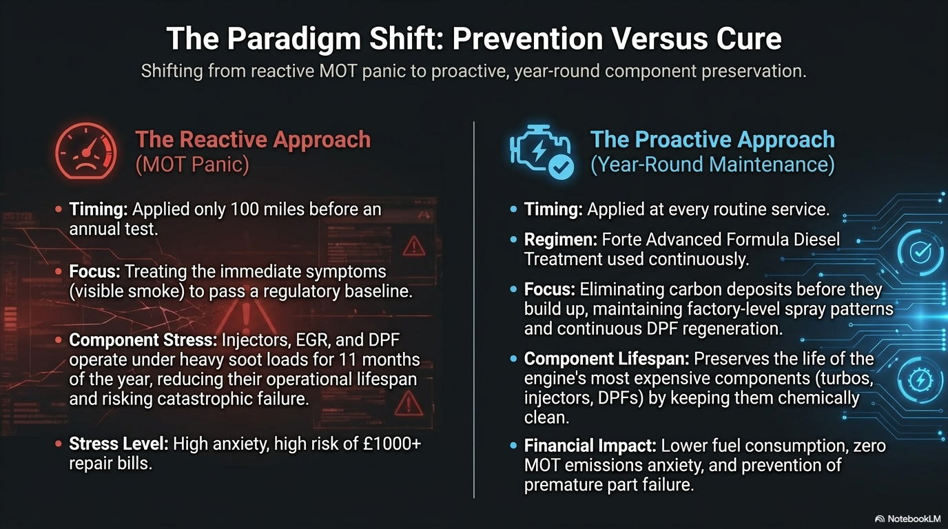 The paradigm shift prevention versus cure — showing how using Forte Diesel Emissions Reducer preventatively at every service maintains consistently low emissions year-round, versus the reactive approach of only treating before a failed MOT