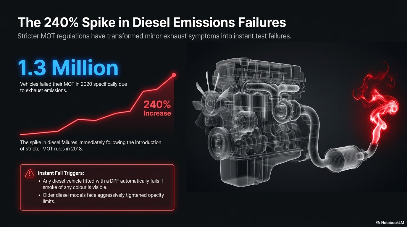 The 40% spike in diesel emissions failures — showing the increase in diesel MOT failures after stricter emissions rules were introduced in 2018, with almost 1.3 million vehicles failing on emissions in 2020