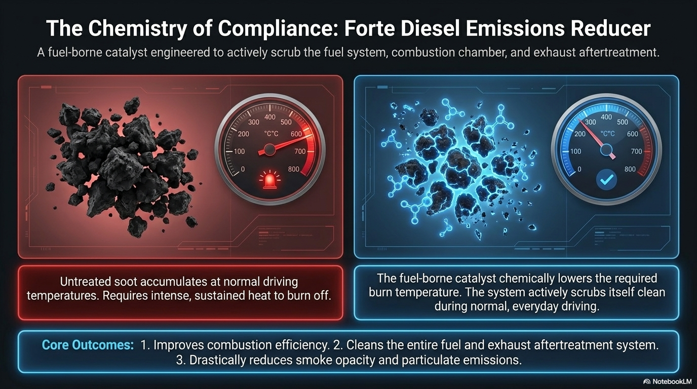 How Forte Diesel Emissions Reducer cleans the diesel fuel system, combustion chamber and exhaust aftertreatment to reduce black smoke and exhaust emissions
