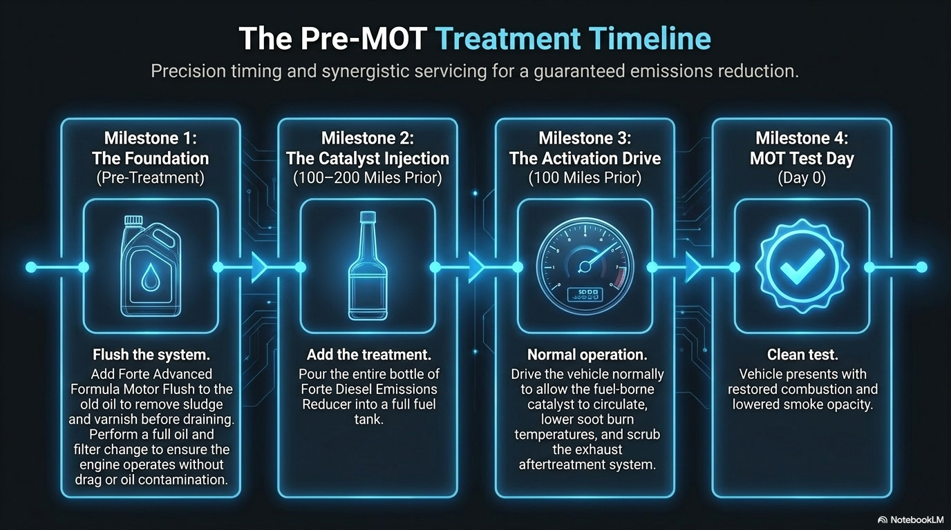 The pre-MOT treatment timeline — showing the recommended schedule for using Forte Diesel Emissions Reducer before a diesel MOT test, including when to add the product, change oil and filter, and what else to do to maximise the chance of passing