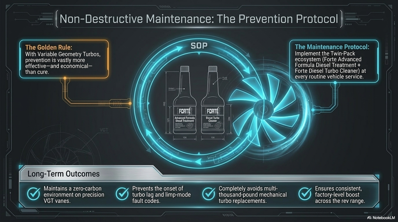 Non destructive maintenance — the prevention protocol. Showing how using Forte Diesel Turbo Cleaner and Forte Advanced Formula Diesel Treatment together at every service prevents carbon build-up on turbo vanes without any dismantling