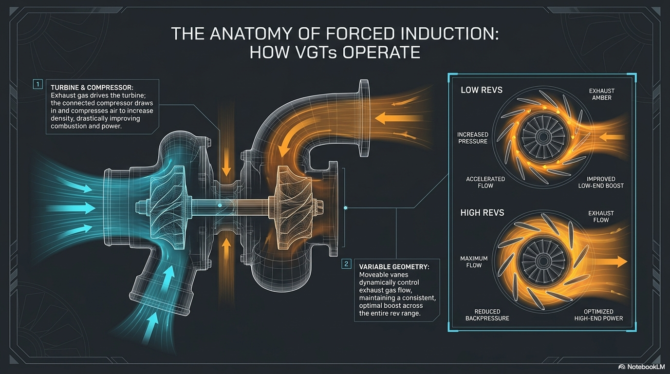 The anatomy of forced induction — how variable geometry turbos operate, showing how the moveable vanes control exhaust gas flow to the turbine wheel providing consistent boost across the rev range