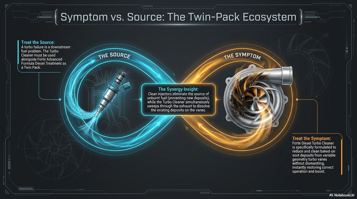 Symptom vs source — the twin pack ecosystem. Showing how Forte Advanced Formula Diesel Treatment addresses the source of carbon deposits by cleaning injectors while Forte Diesel Turbo Cleaner addresses the symptoms by removing existing deposits from turbo vanes