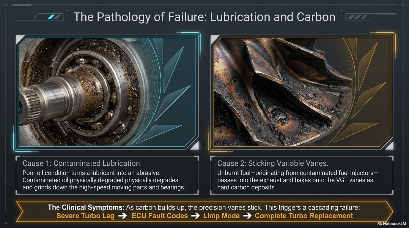 The pathology of failure — lubrication and carbon. Showing how poor lubrication from contaminated engine oil and carbon deposits from dirty fuel injectors are the two main causes of variable vane turbo failure