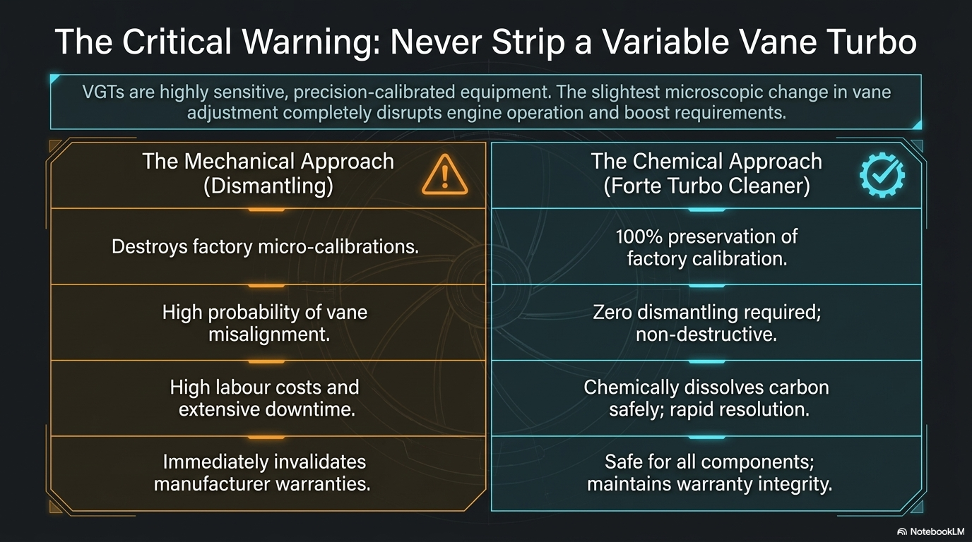 The critical warning — never strip a variable vane turbo to clean it. Variable vane turbochargers are precision equipment where the slightest change in vane adjustment affects operation in conjunction with engine management requirements. Always use a chemical cleaning approach.