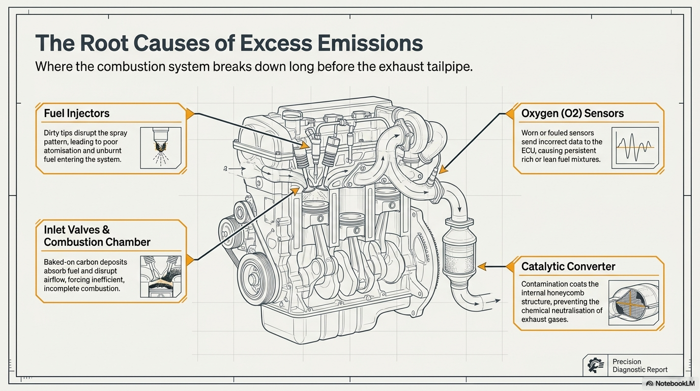 The root causes of excess emissions — showing the main causes of high petrol MOT emissions including dirty injectors, combustion chamber carbon deposits, contaminated catalytic converter and EGR valve contamination
