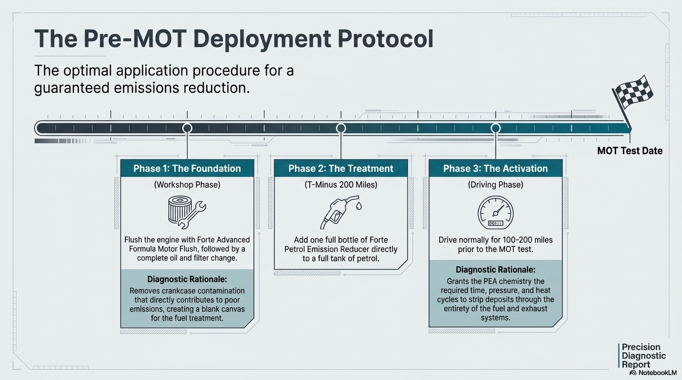 The pre-MOT deployment protocol — showing the recommended schedule for using Forte Petrol Emissions Reducer before a petrol MOT test, including when to add the product, change oil and filter, and other steps to maximise the chance of passing