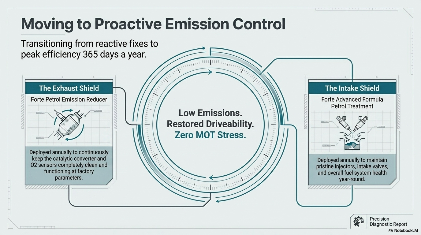 Moving to proactive emission control — showing how using Forte Petrol Emissions Reducer preventatively at every service maintains consistently low emissions year-round versus the reactive approach of only treating before a failed MOT