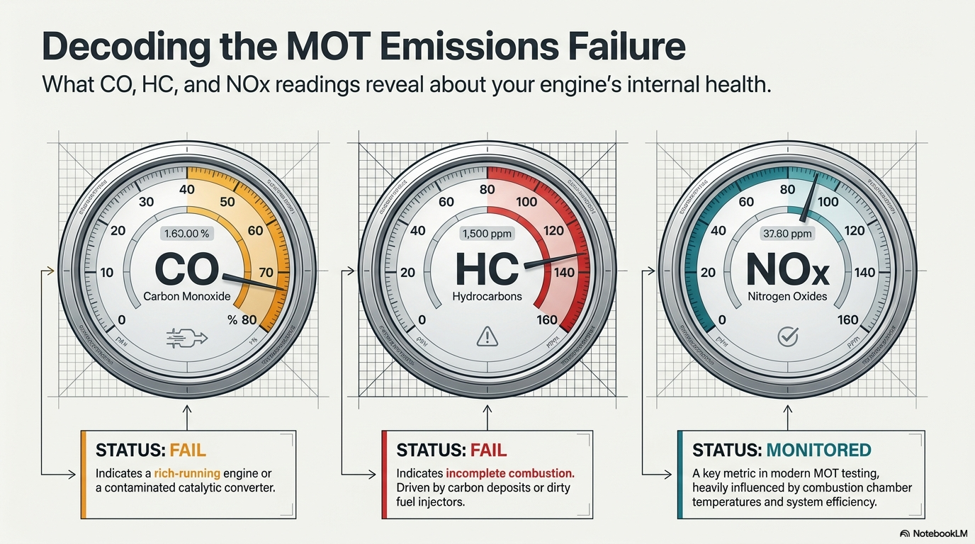 Decoding the MOT emissions failure — showing how to interpret petrol MOT emissions test results, what CO HC and NOx readings mean and which causes correspond to which high emission readings