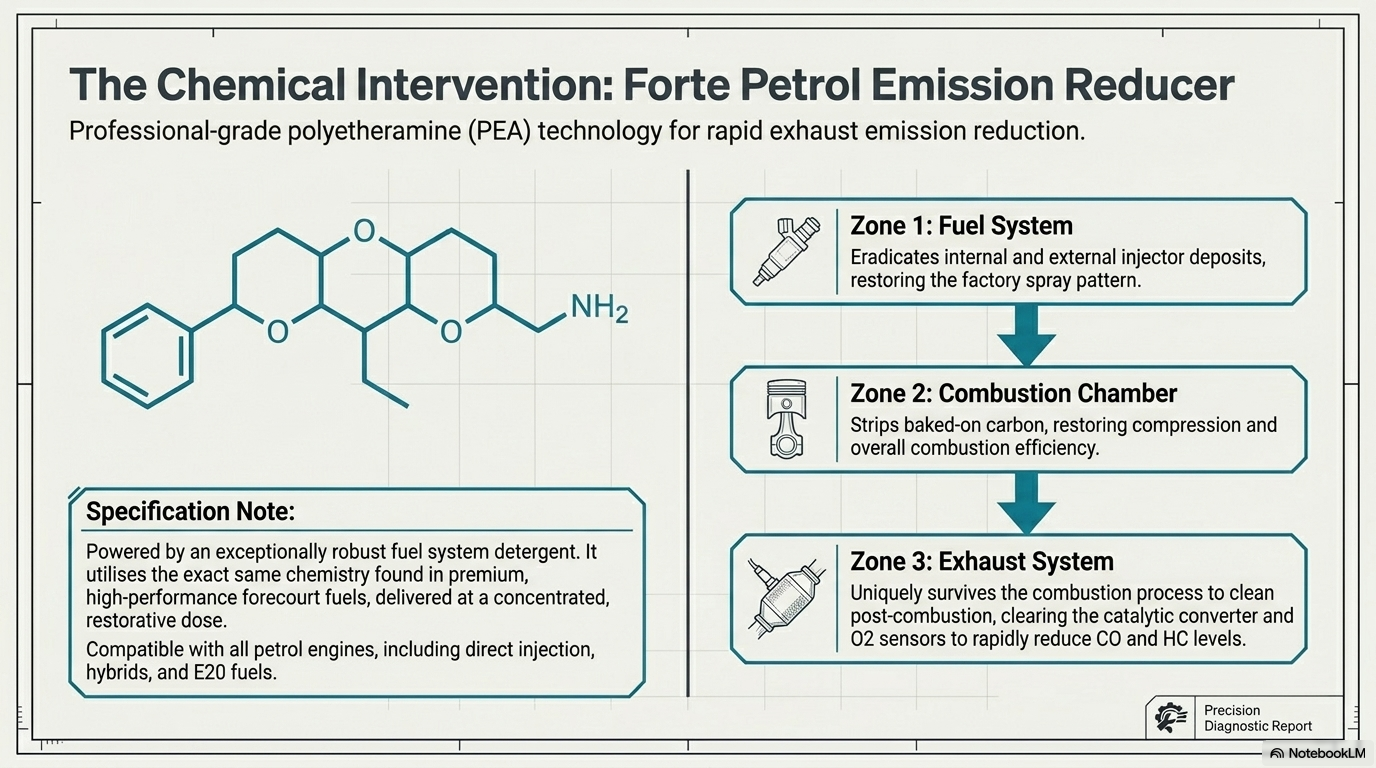 The chemical intervention — Forte Petrol Emissions Reducer. Showing how polyetheramine PEA penetrates and dissolves hardened carbon deposits from injectors, inlet valves, combustion chamber and catalytic converter to reduce CO and HC emissions