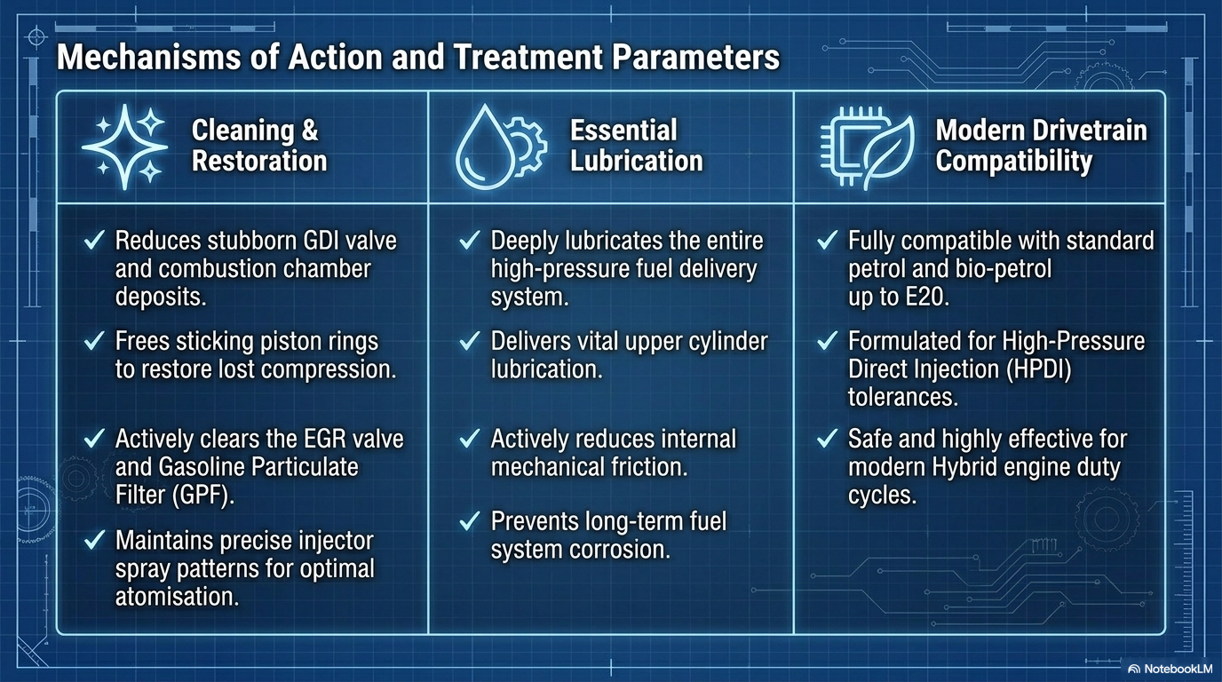 Mechanisms of action and treatment parameters — showing how the active chemistry in Forte Advanced Formula Petrol Treatment works including advanced detergents for carbon removal, upper cylinder lubricants for valve protection, and corrosion inhibitors