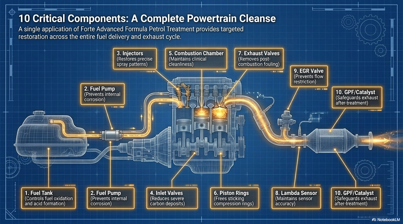 10 critical components — a complete powertrain cleanse. Showing all 10 petrol system components treated by Forte Advanced Formula Petrol Treatment: fuel tank, fuel pump, injectors, inlet valves, combustion chamber, exhaust valves, piston rings, lambda/oxygen sensor, EGR valve and GPF/catalyst.