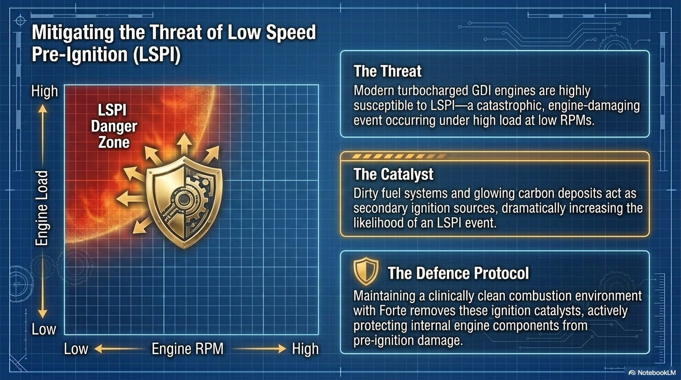 Mitigating the threat of Low Speed Pre-Ignition LSPI — showing how carbon deposits and fuel system contamination increase LSPI risk in turbocharged GDI petrol engines, and how Forte Advanced Formula Petrol Treatment reduces these risk factors