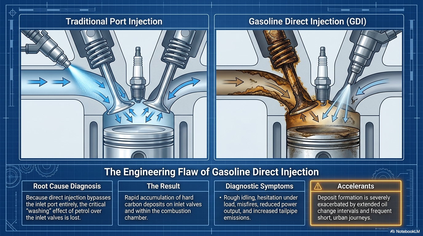Traditional port injection versus GDI direct injection — showing why GDI engines are more vulnerable to inlet valve carbon deposits. In port injection fuel washes the inlet valves clean. In GDI engines fuel bypasses the valves entirely leaving them unprotected from carbon accumulation.