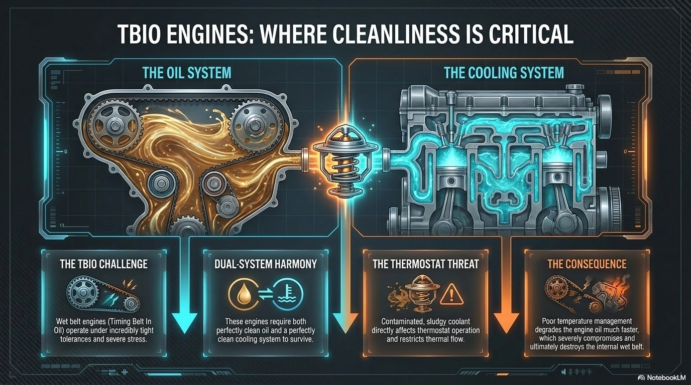 TBIO engines where cleanliness is critical — showing why TBIO wet belt engines including Ford EcoBoost, VW Group TSI and TDI and PSA PureTech require especially clean cooling systems and why flushing before antifreeze change is particularly important