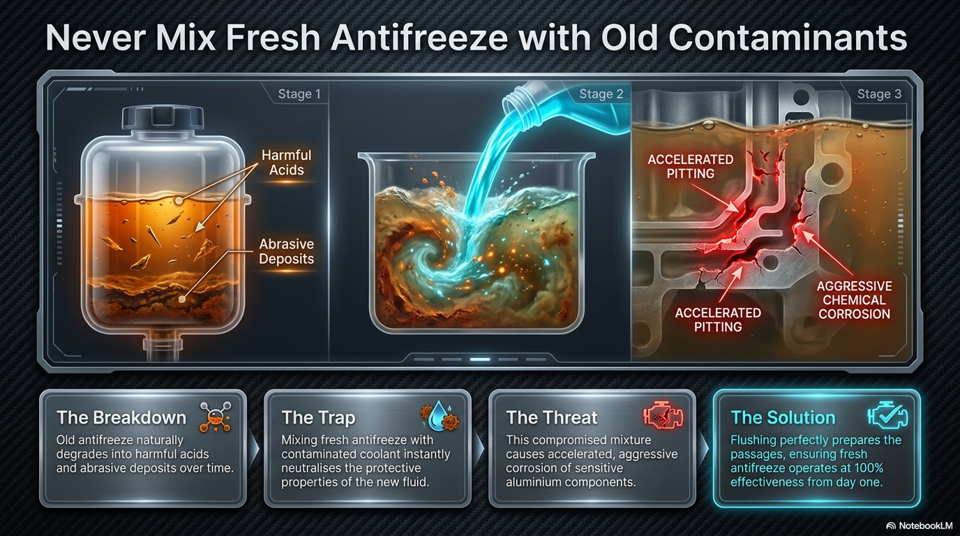 Never mix fresh antifreeze with old contaminants — showing why flushing before adding fresh antifreeze is essential. Old acidic coolant immediately compromises new antifreeze and continues corroding the cooling system.
