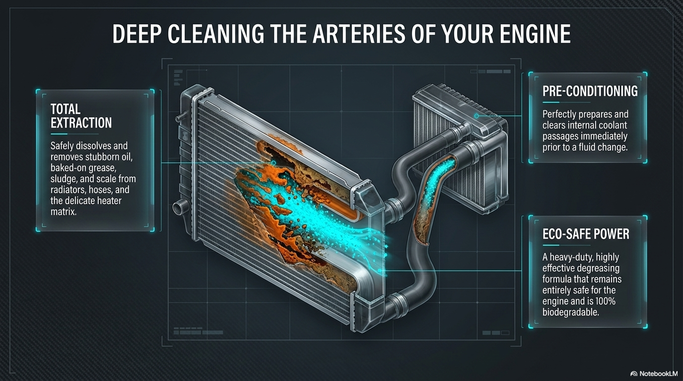 Deep cleaning the arteries of your engine — showing how Forte Bio Degreaser & Cooling System Flush circulates through the entire cooling system removing scale deposits from radiator tubes, sludge from the water jacket and oil contamination from all coolant passages