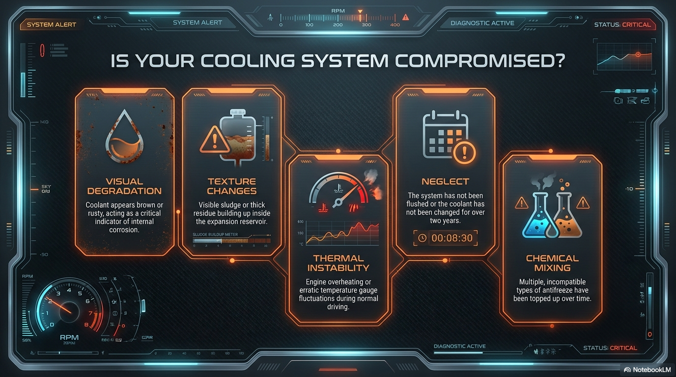 Is your cooling system compromised? Showing the warning signs of a contaminated cooling system including brown coolant, sludge deposits, scale build-up in the radiator and corrosion of aluminium components.