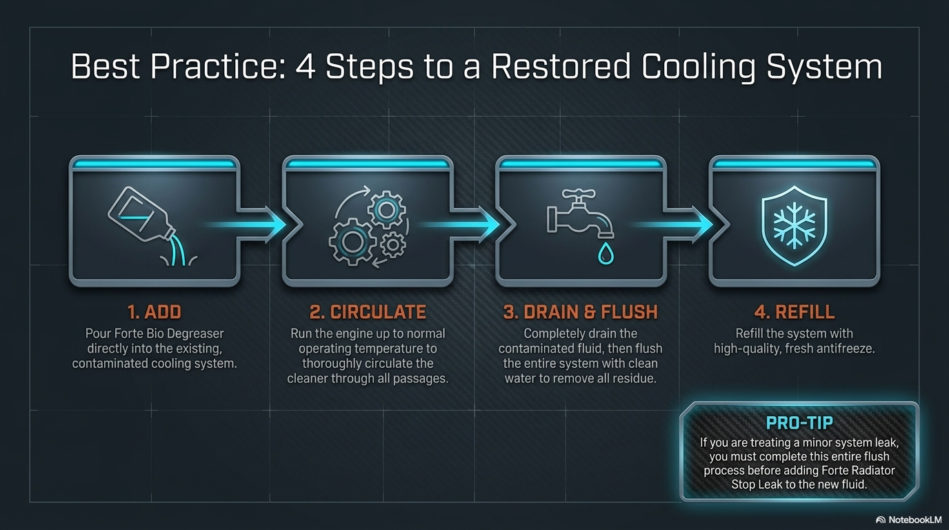 Best practice — 4 steps to a restored cooling system. Add Forte Bio Degreaser to existing coolant, run engine to operating temperature, drain and flush with clean water, refill with fresh antifreeze.