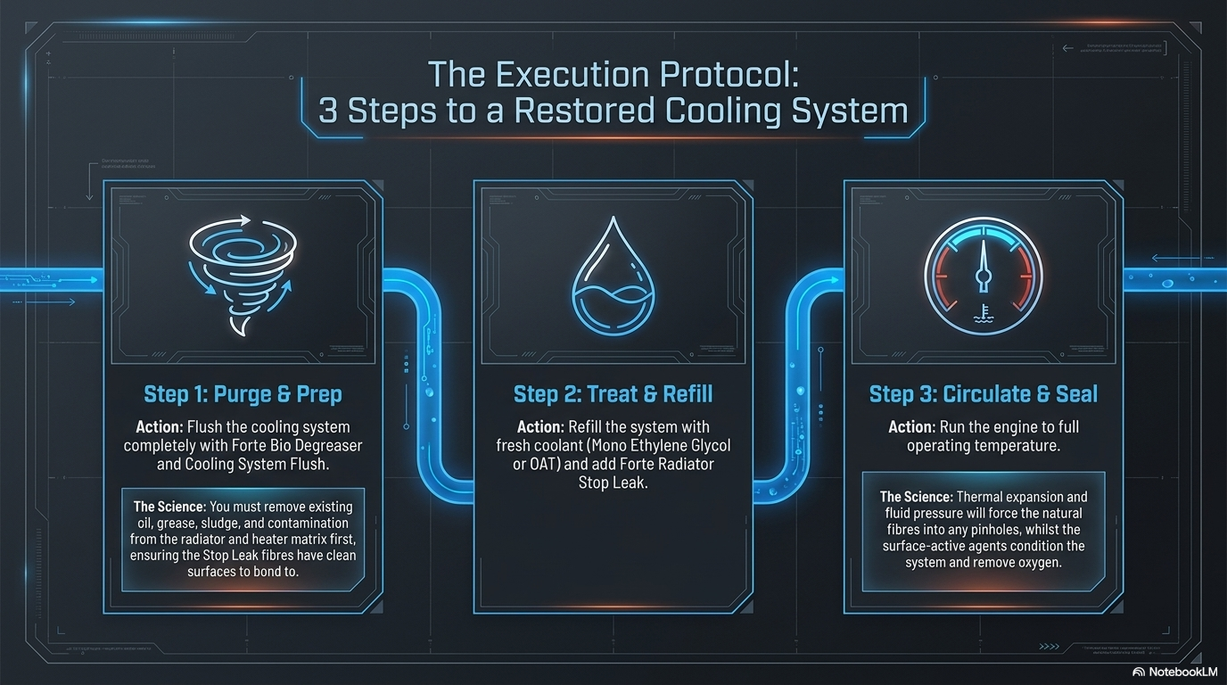 The execution protocol — 3 steps to a restored cooling system. Flush with Forte Bio Degreaser, add Forte Radiator Stop Leak, run to operating temperature and monitor.