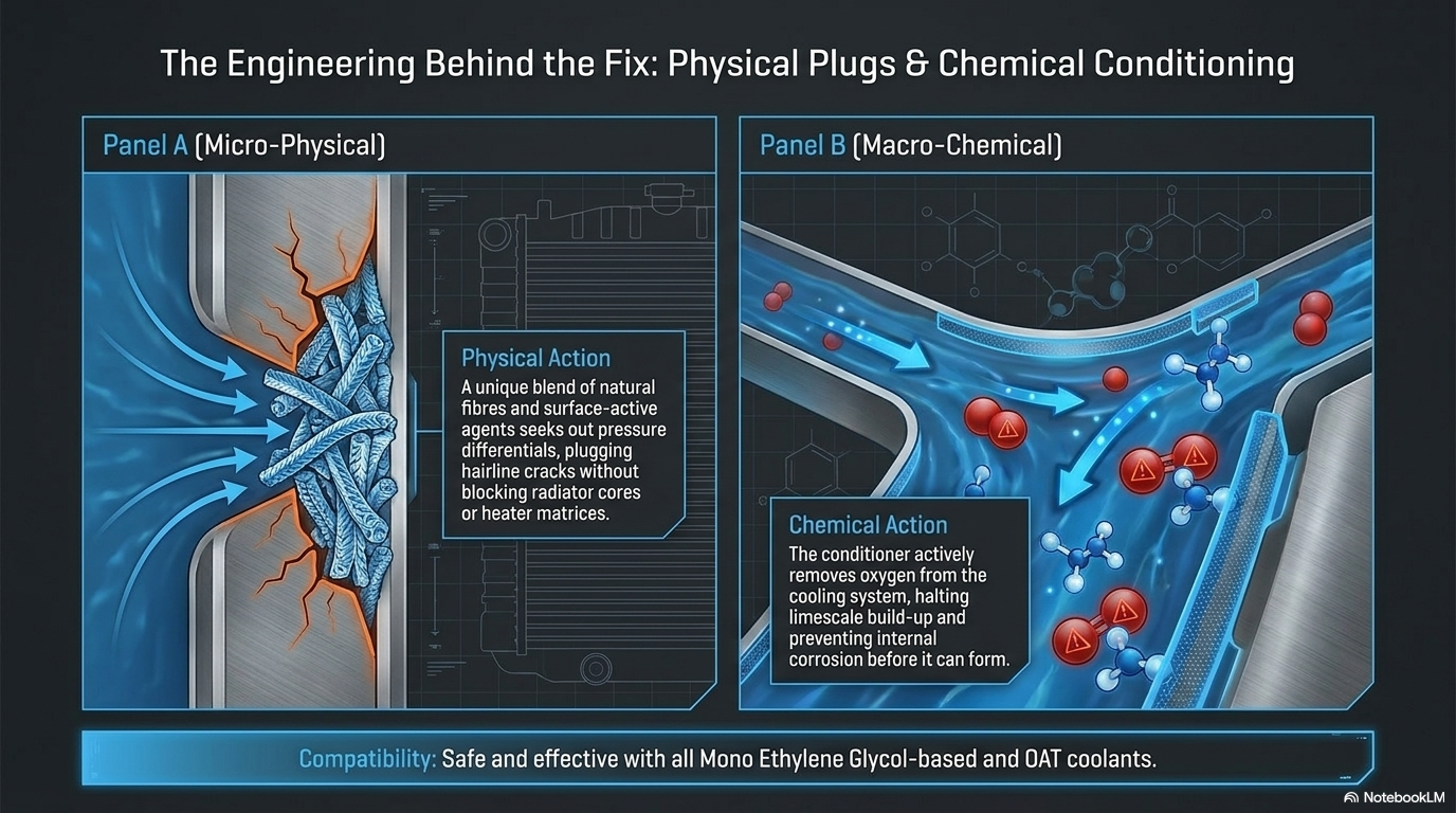 The engineering behind the fix — physical plugs and chemical conditioning. Showing how Forte Radiator Stop Leak sealing chemistry forms a physical plug at the leak point while conditioning the entire cooling system against corrosion.