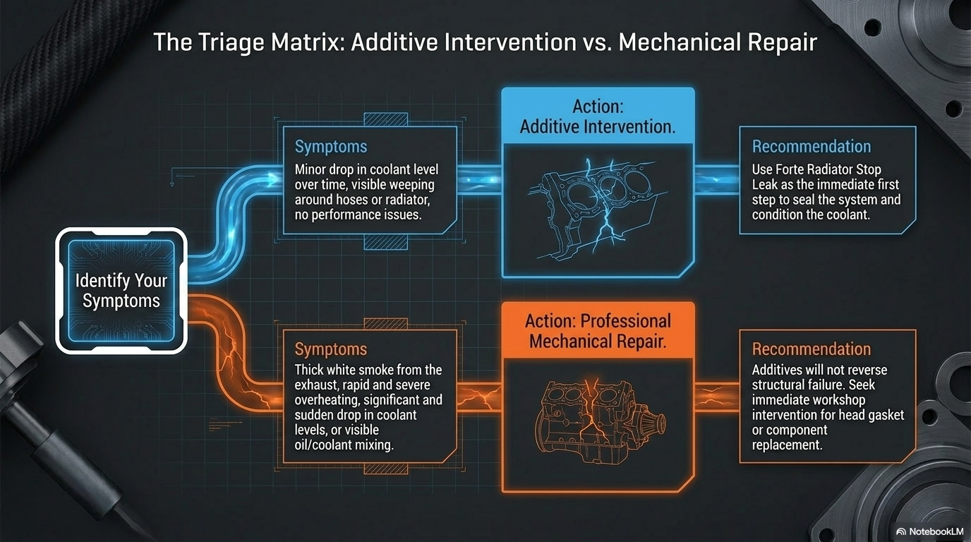 The triage matrix — additive intervention versus mechanical repair. Showing when Forte Radiator Stop Leak is appropriate for minor seeping leaks and when symptoms indicate serious issues requiring workshop repair.