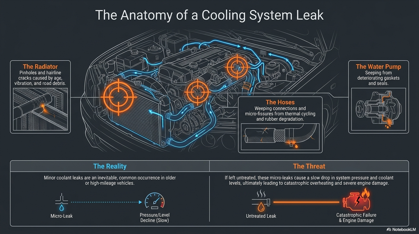 The anatomy of a cooling system leak — showing how minor coolant leaks develop in radiators, hoses, water pump seals and head gaskets, and how pressure cycling causes weeping leaks to progressively worsen over time