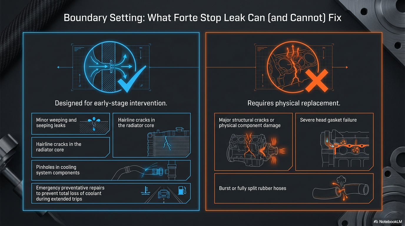 Boundary setting — what Forte Radiator Stop Leak can and cannot fix. Showing the types of minor seeping leaks it seals versus the serious mechanical failures that require workshop repair.