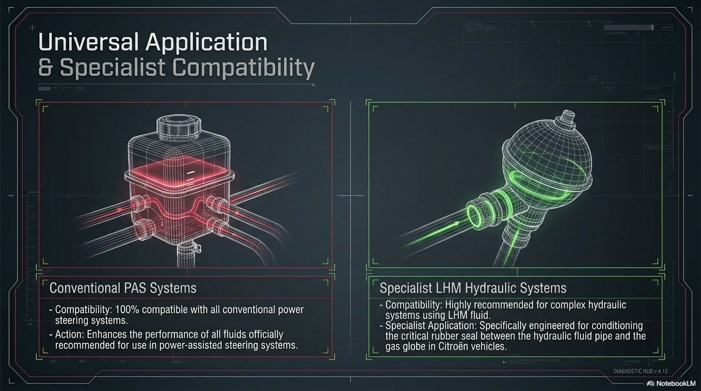 Universal application and specialist compatibility — showing Forte Power Steering Treatment compatibility with all conventional PAS systems and LHM hydraulic systems including Citroën vehicles