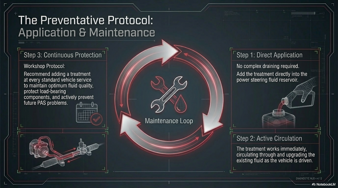 The preventative protocol — application and maintenance. Showing how to use Forte Power Steering Treatment by adding to the power steering reservoir and the recommended service interval.