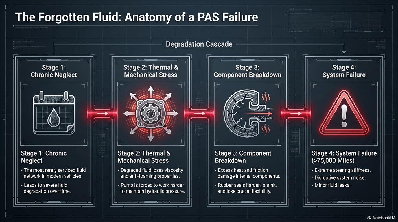 The forgotten fluid — anatomy of a PAS failure. Showing how power steering fluid degrades over time, losing viscosity and seal conditioning properties, causing progressive pump wear, stiffness, whining and leaks.