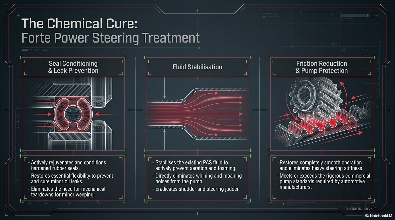 The chemical cure — Forte Power Steering Treatment. Showing how the treatment restores fluid viscosity and anti-foam properties to eliminate pump whining, and conditions hardened seals to reduce minor leaks.