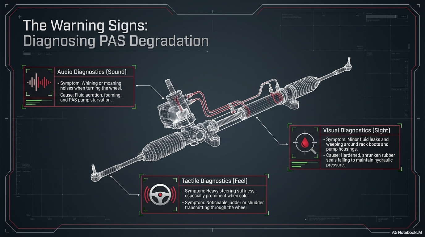 The warning signs — diagnosing PAS degradation. Showing how to identify the symptoms of degraded power steering fluid including whining on full lock, cold weather stiffness, judder and shudder and minor fluid leaks.