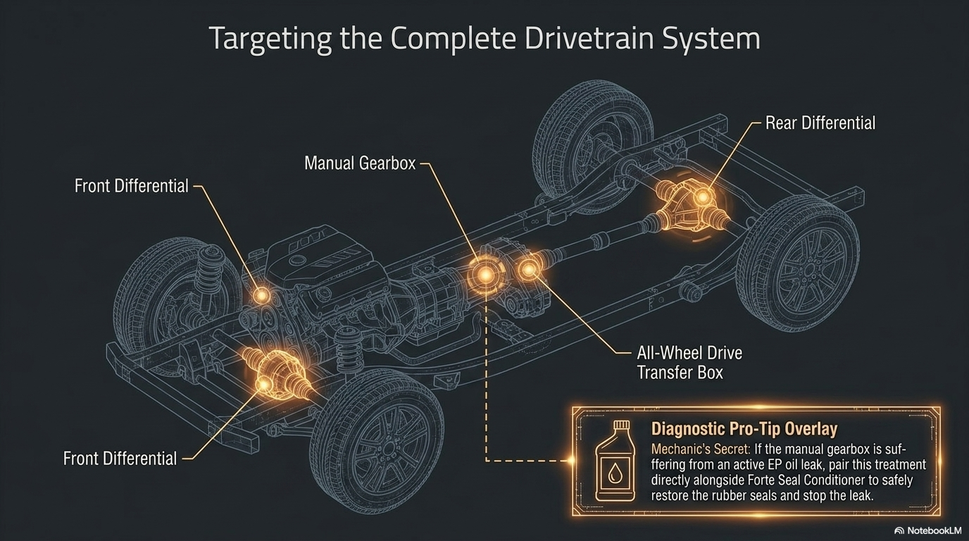 Targeting the complete drivetrain system — showing how Forte Diff & Gear Treatment protects all drivetrain components including manual gearbox, rear differential, front differential, transfer box and limited-slip differential