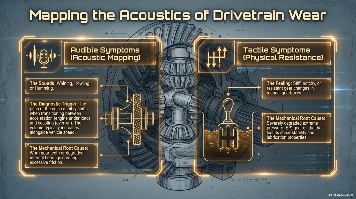Mapping the acoustics of drivetrain wear — showing how differential and gearbox noise develops as gear oil degrades and loses its protective properties, causing progressive gear tooth and bearing wear