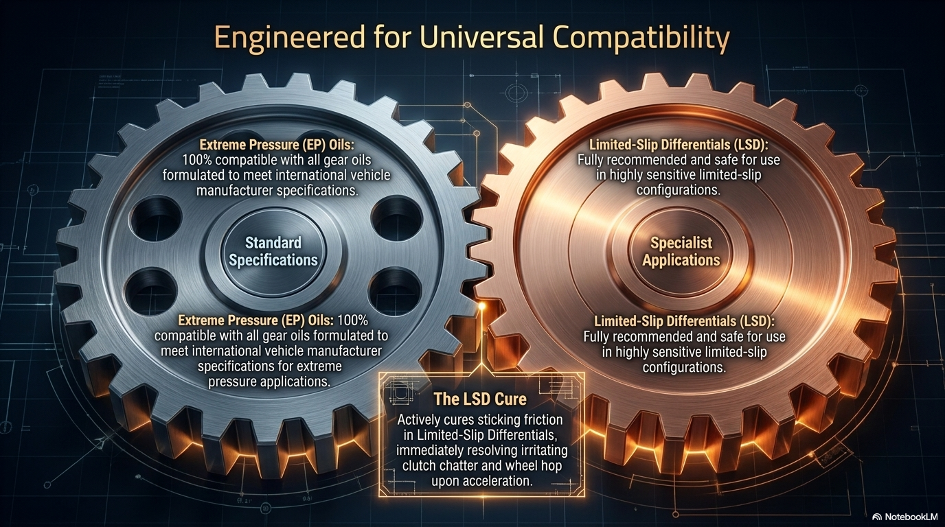 Engineered for universal compatibility — showing Forte Diff & Gear Treatment compatibility with all EP gear oil applications including manual gearboxes, rear differentials, front differentials, transfer boxes and limited-slip differentials
